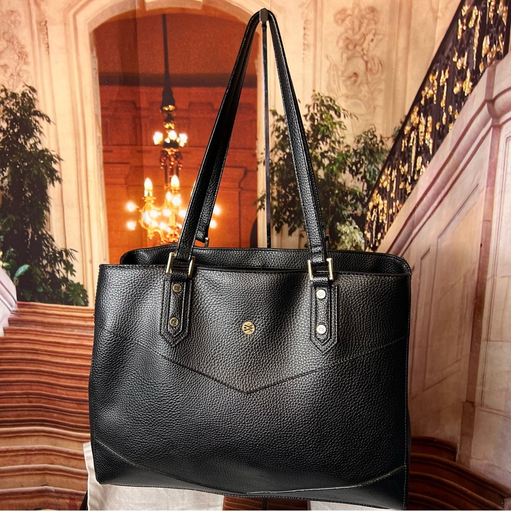 Travanti Large Black Faux Leather Tote Commuter Bag, gold hardware, 15x12x6